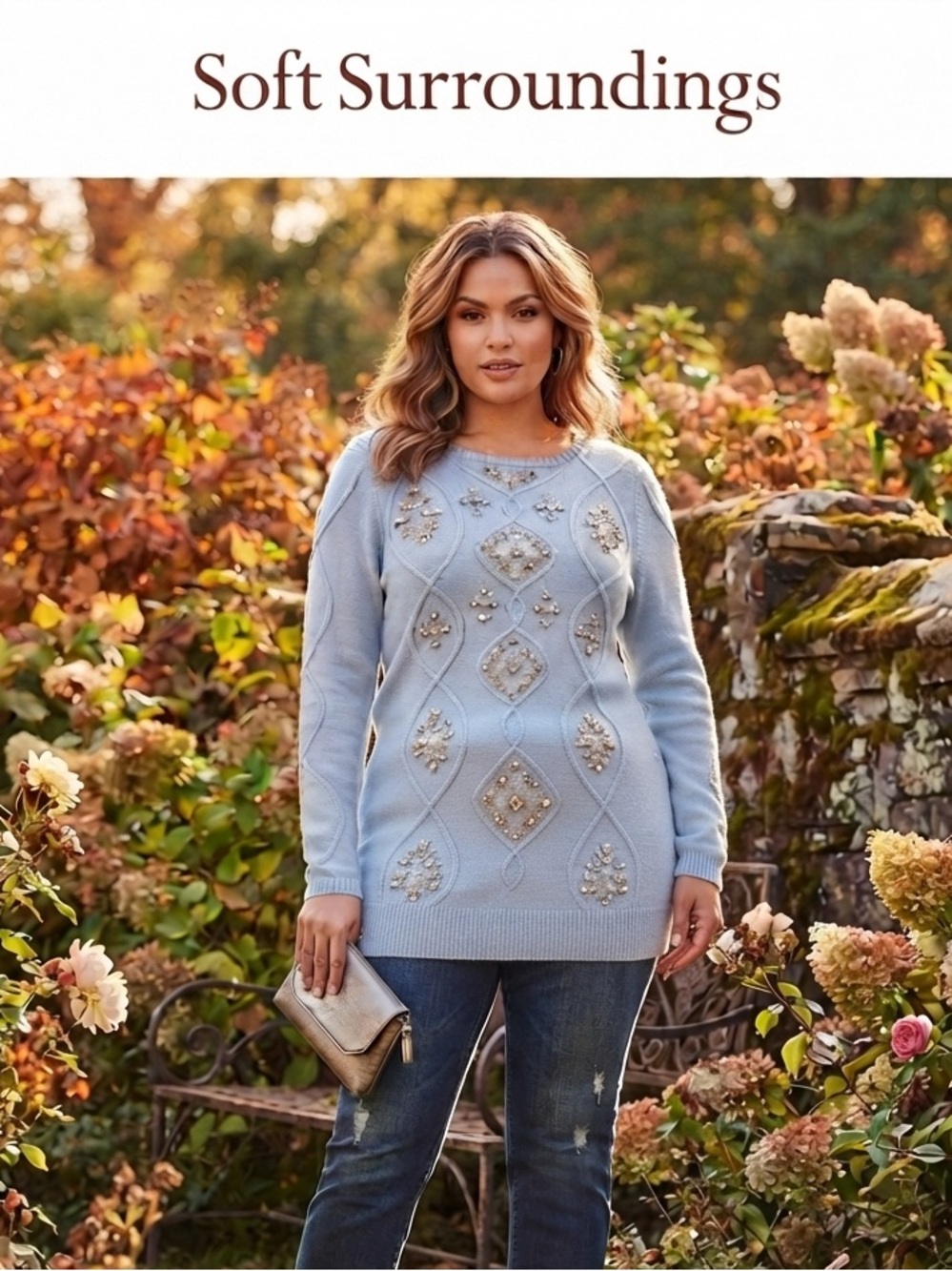 Soft Surroundings Powder Blue Embellished with Silver Knit Crewneck Sweater